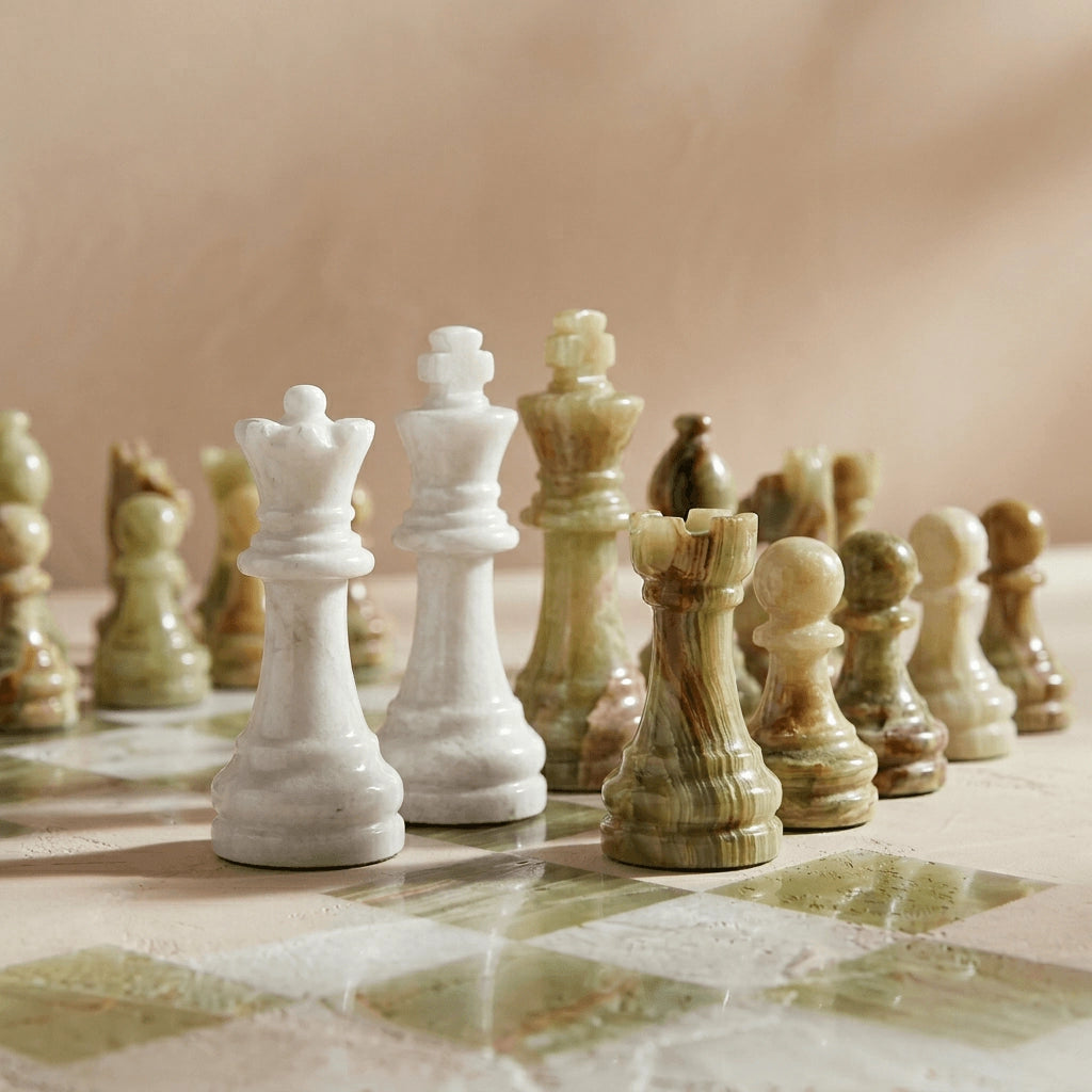 White & Green Onyx Marble Chess Set with Storage Case – Luxury Handmade Stone Chess Board