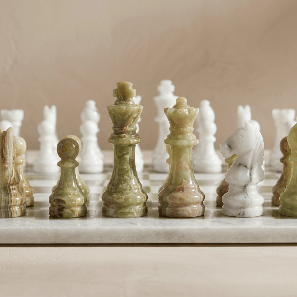 White & Green Onyx Marble Chess Set with Storage Case – Luxury Handmade Stone Chess Board