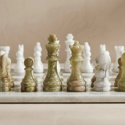 White & Green Onyx Marble Chess Set with Storage Case – Luxury Handmade Stone Chess Board
