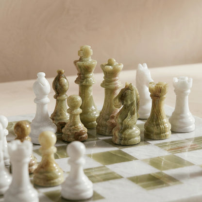 White & Green Onyx Marble Chess Set with Storage Case – Luxury Handmade Stone Chess Board