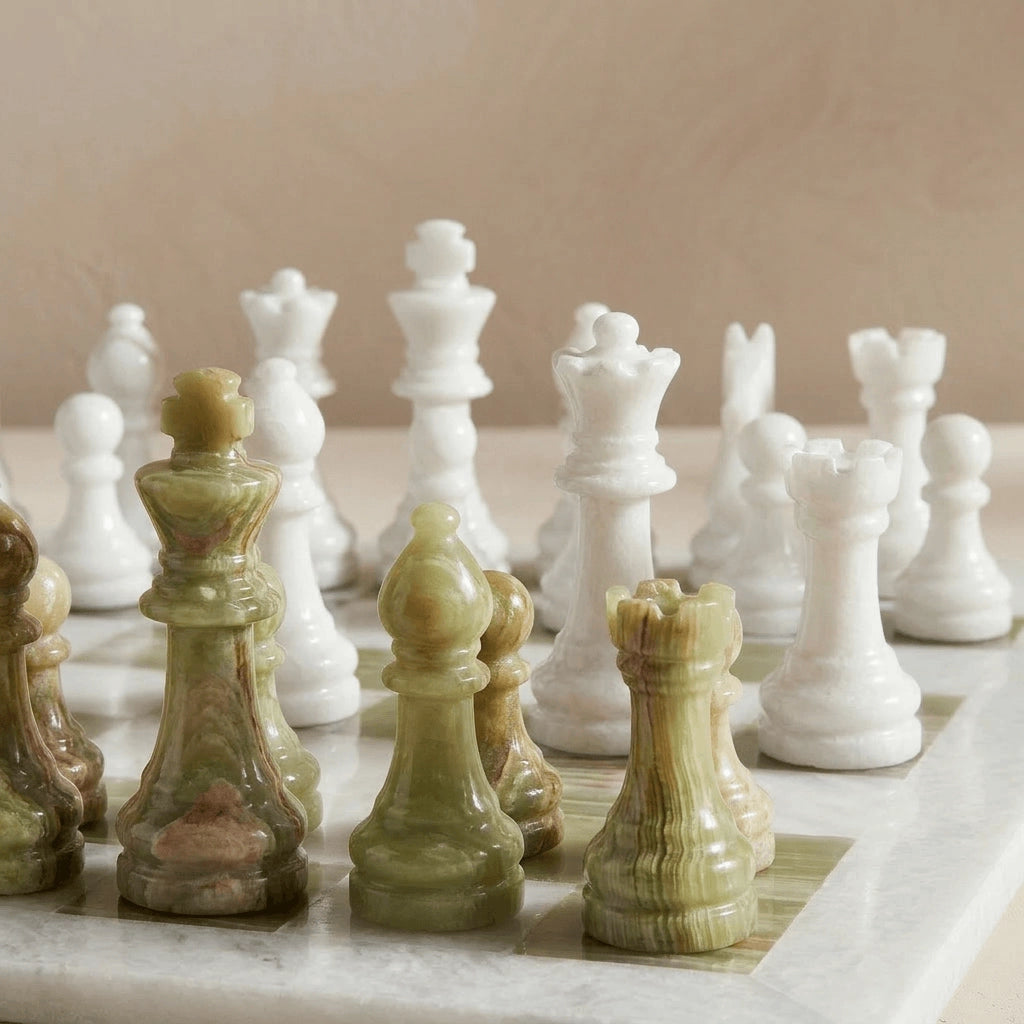 White & Green Onyx Marble Chess Set with Storage Case – Luxury Handmade Stone Chess Board
