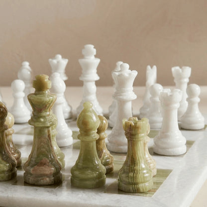 White & Green Onyx Marble Chess Set with Storage Case – Luxury Handmade Stone Chess Board
