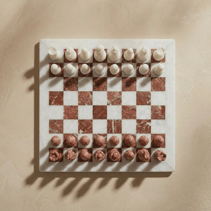 White and Pink Marble Chess Set with Storage Case