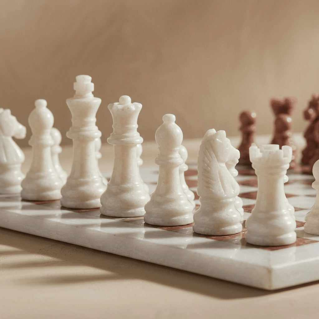White and Pink Marble Chess Set with Storage Case