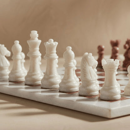 White and Pink Marble Chess Set with Storage Case