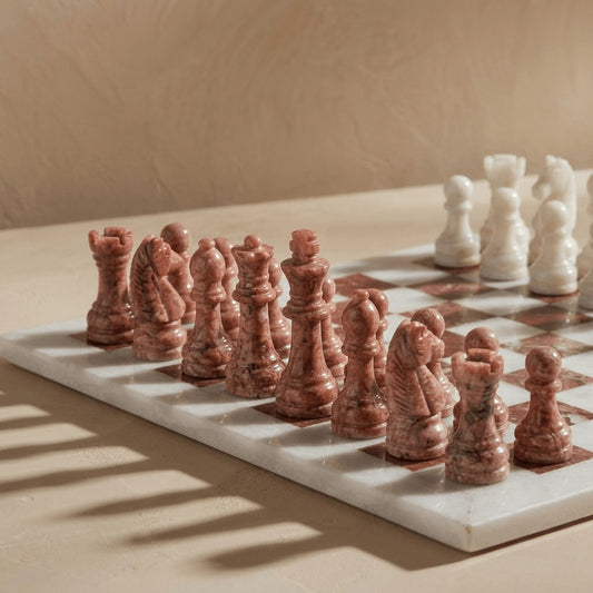 White and Pink Marble Chess Set with Storage Case